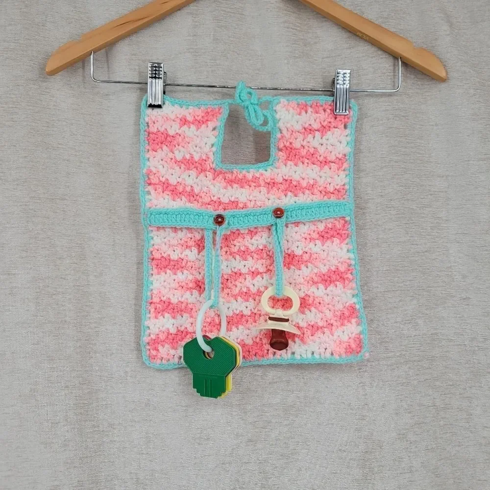 Playtime Bib Hand Crochet Pink & Mint With Toy Attachments Vintage 80s